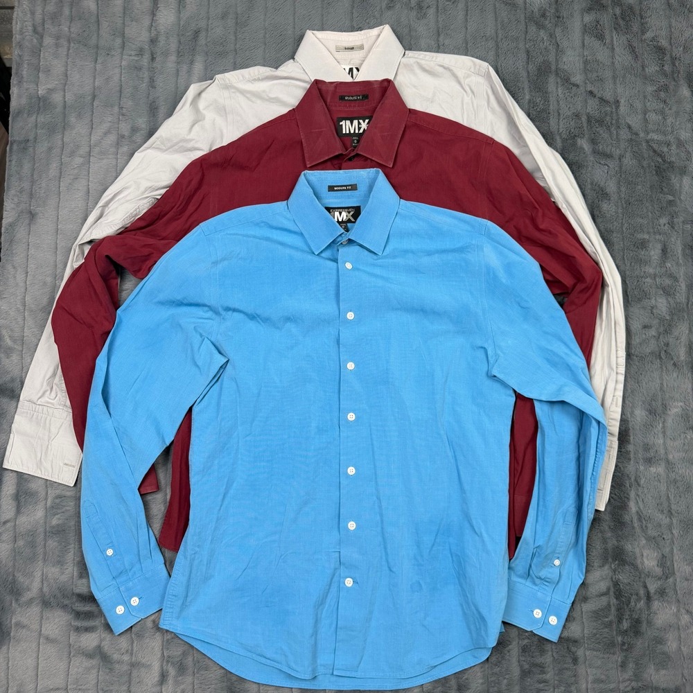 Lot of 3 Express Men 1MX Modern Fit Button Down Shirts Medium Blue Burgundy Grey